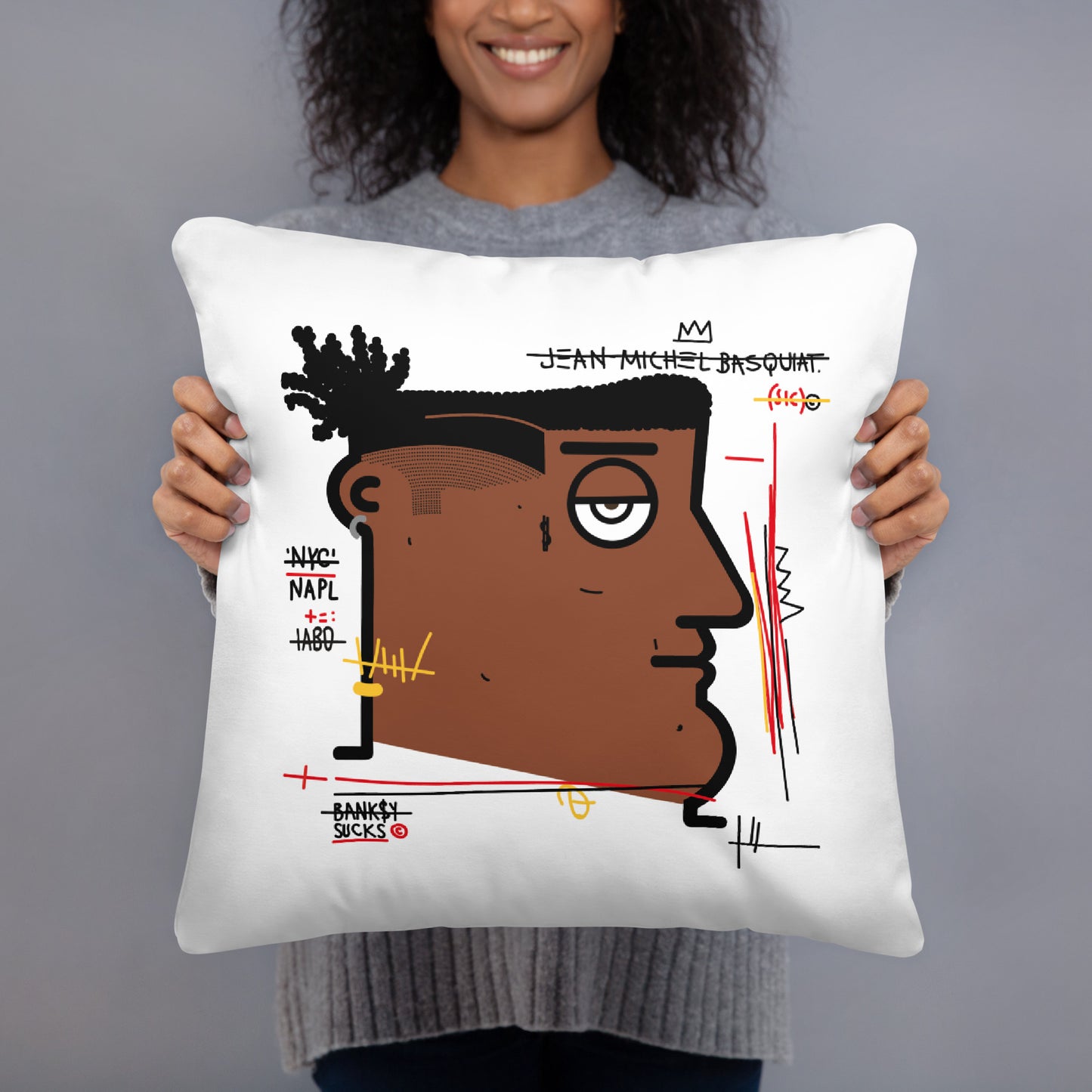 "Banksy sucks" (Basquiat DISSING Banksy) soft pillow