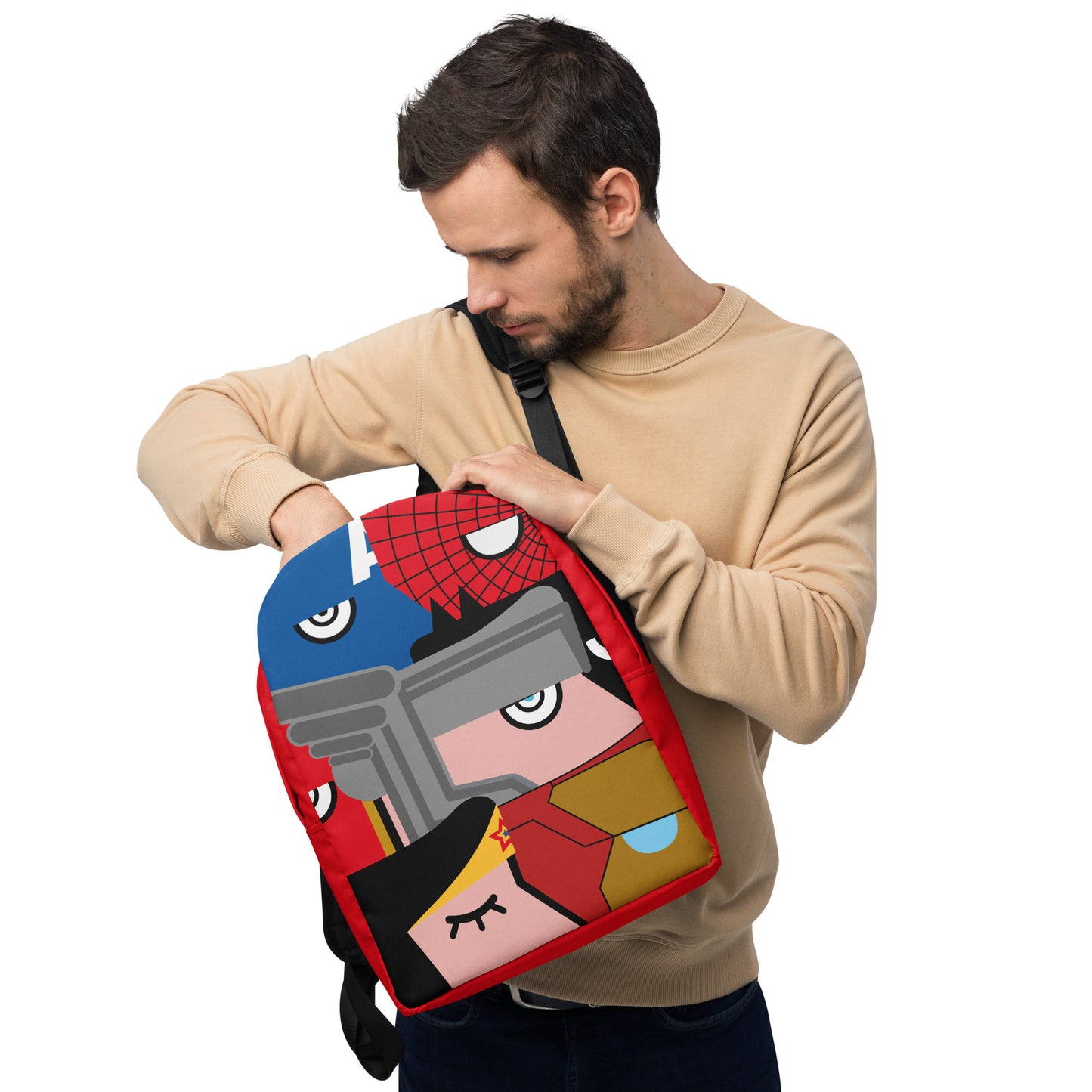 "We are all Superheroes" (Captain America, Spiderman, Flash, Thor, Batman, Wonder Woman, Iron man) Red version Backpack