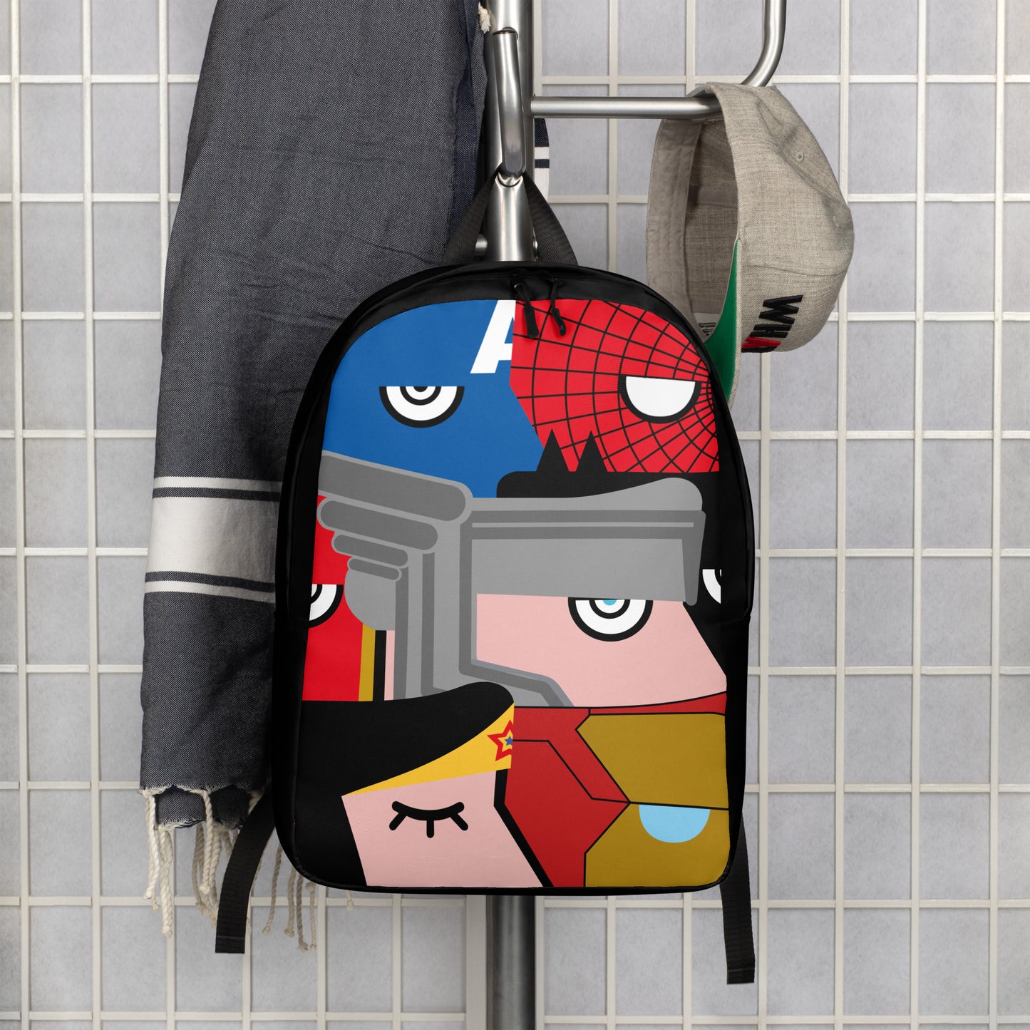 "We are all Superheroes" (Captain America, Spiderman, Flash, Thor, Batman, Wonder Woman, Iron man) black version Backpack
