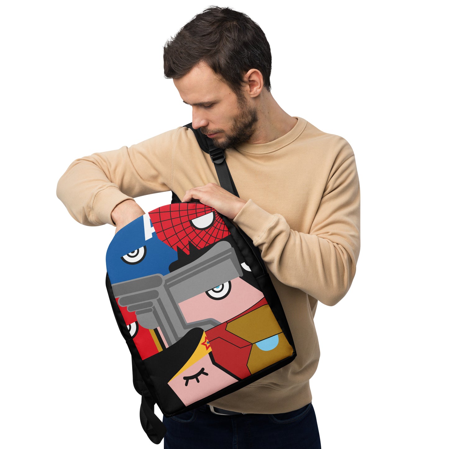 "We are all Superheroes" (Captain America, Spiderman, Flash, Thor, Batman, Wonder Woman, Iron man) black version Backpack