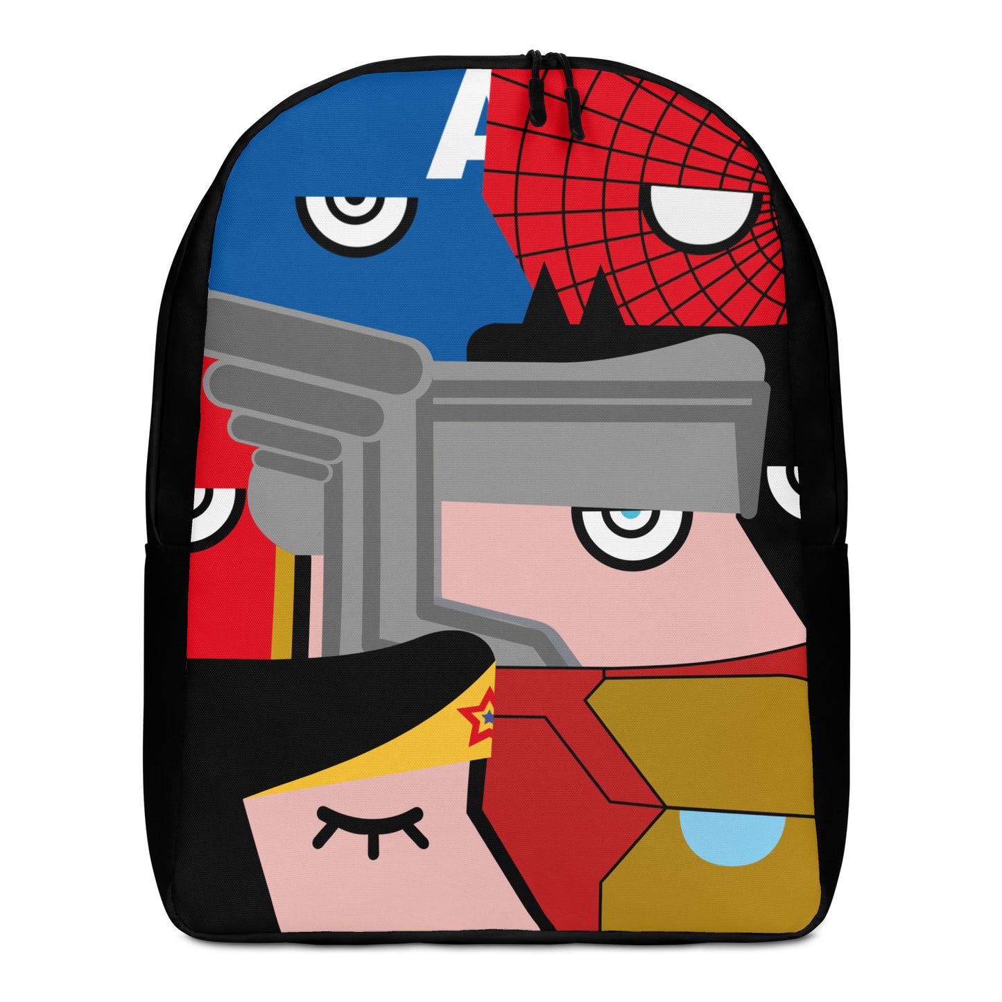 "We are all Superheroes" (Captain America, Spiderman, Flash, Thor, Batman, Wonder Woman, Iron man) black version Backpack