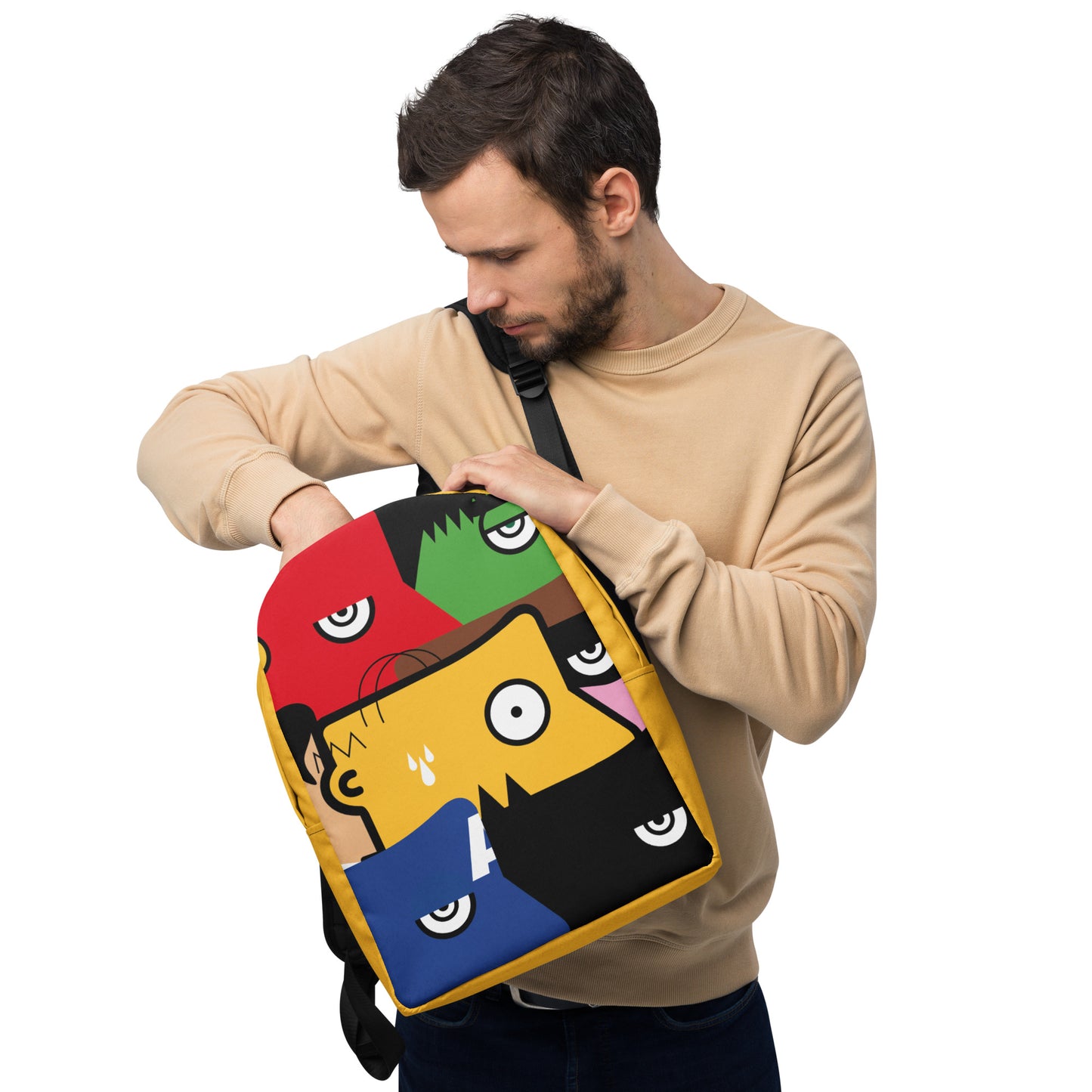 "Nous sommes tous des super-héros" (Homer Simpson, Batman & Robin, Hulk, Captain America, Flash, Superman) yellow version Rucksack Backpack