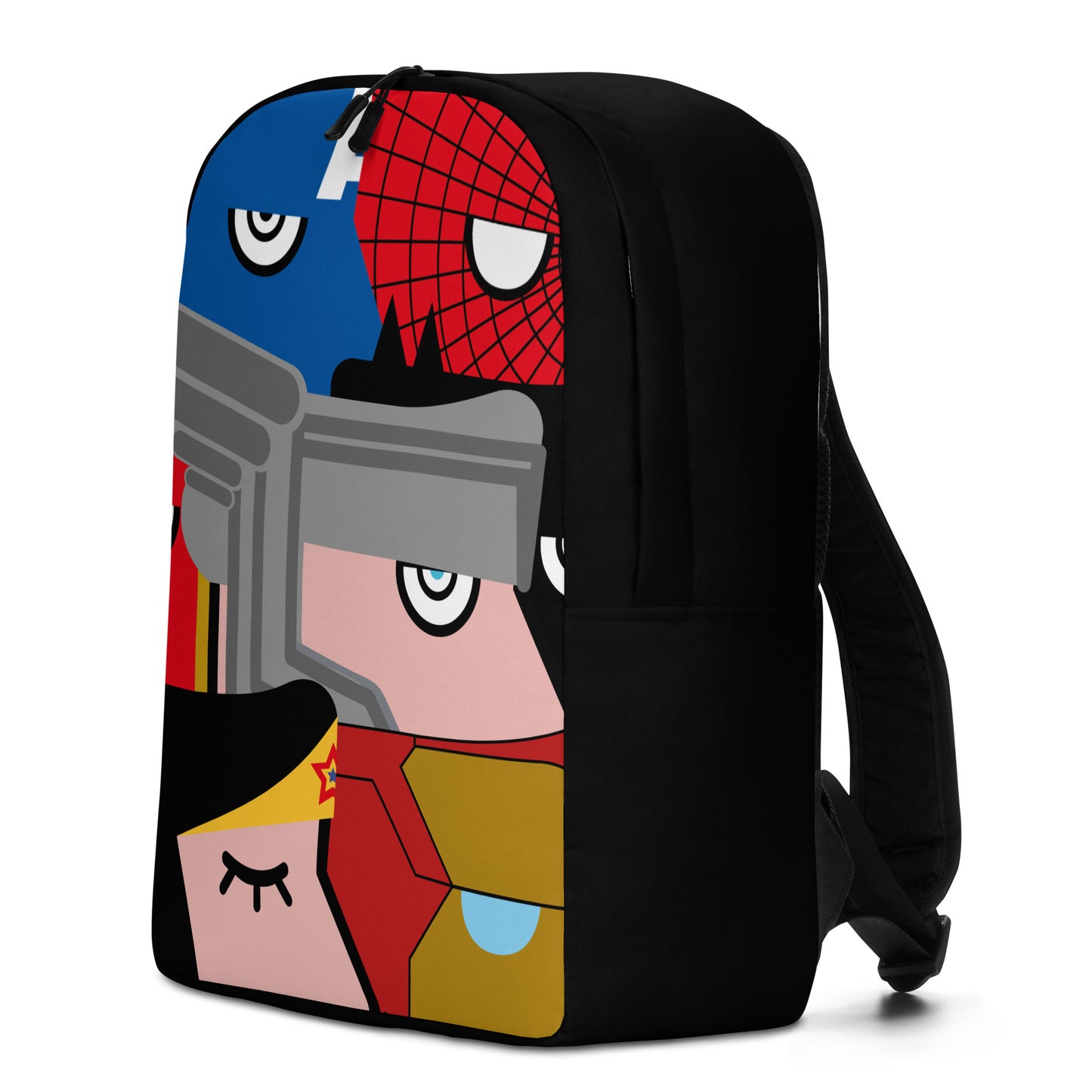 "We are all Superheroes" (Captain America, Spiderman, Flash, Thor, Batman, Wonder Woman, Iron man) black version Backpack