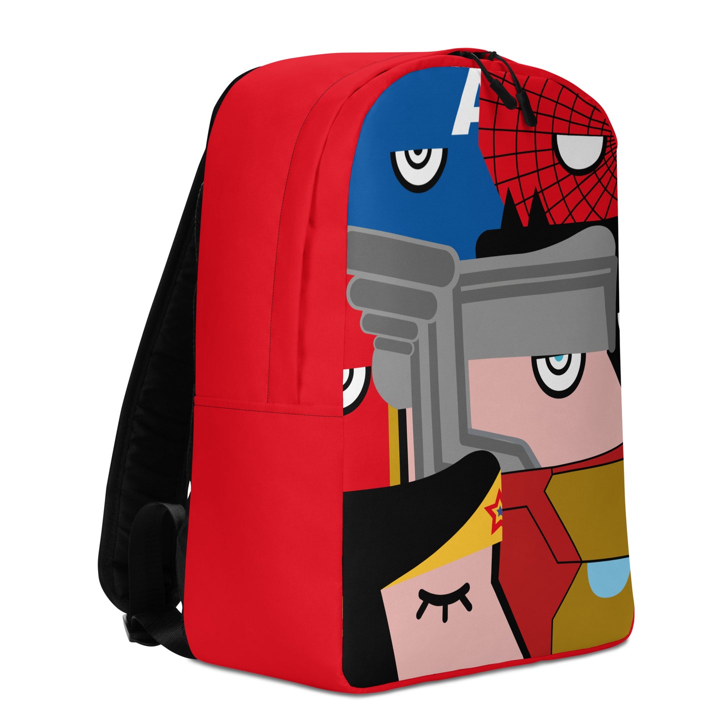 "We are all Superheroes" (Captain America, Spiderman, Flash, Thor, Batman, Wonder Woman, Iron man) Red version Backpack