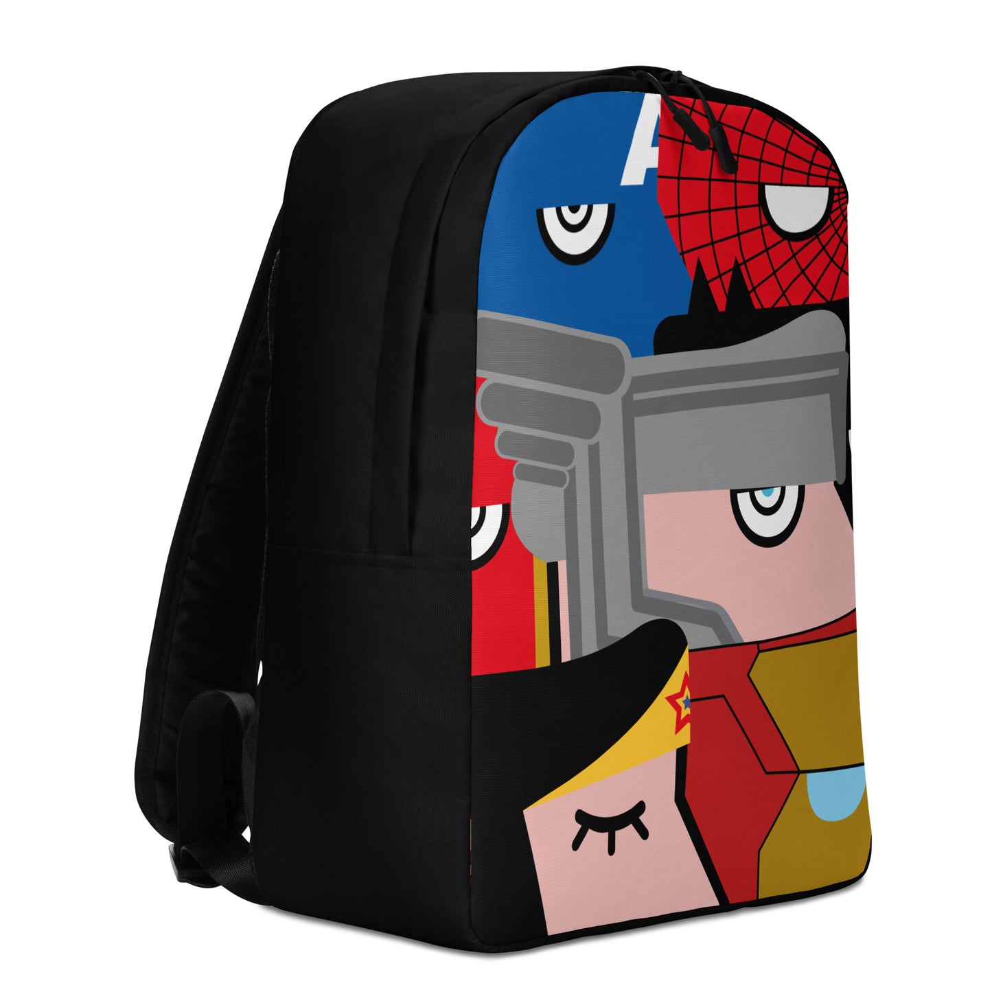 "We are all Superheroes" (Captain America, Spiderman, Flash, Thor, Batman, Wonder Woman, Iron man) black version Backpack