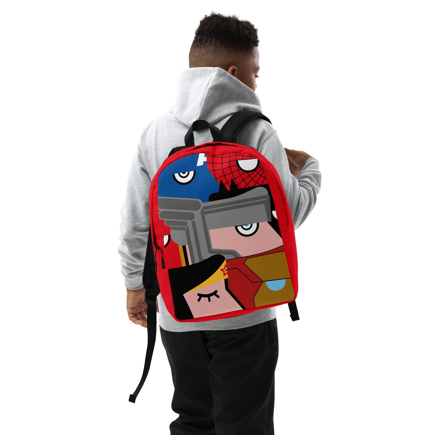 "We are all Superheroes" (Captain America, Spiderman, Flash, Thor, Batman, Wonder Woman, Iron man) Red version Backpack