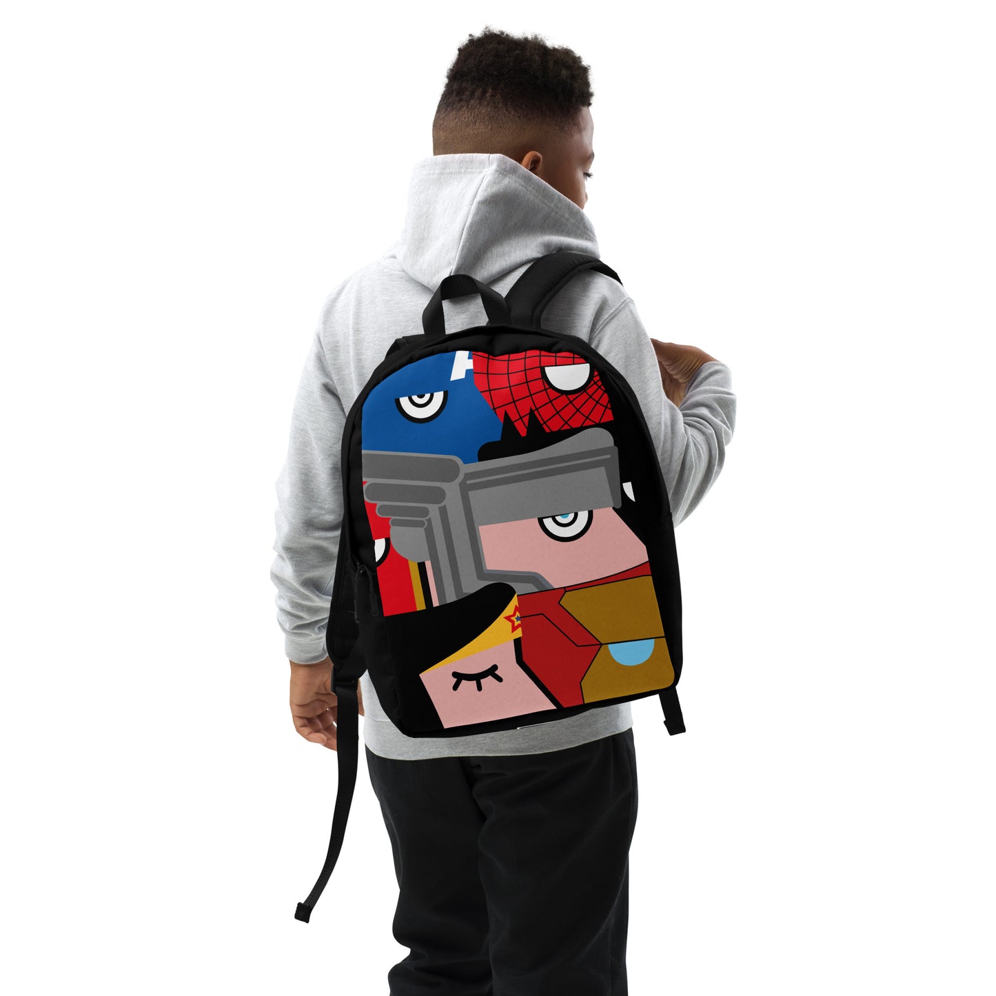 "We are all Superheroes" (Captain America, Spiderman, Flash, Thor, Batman, Wonder Woman, Iron man) black version Backpack