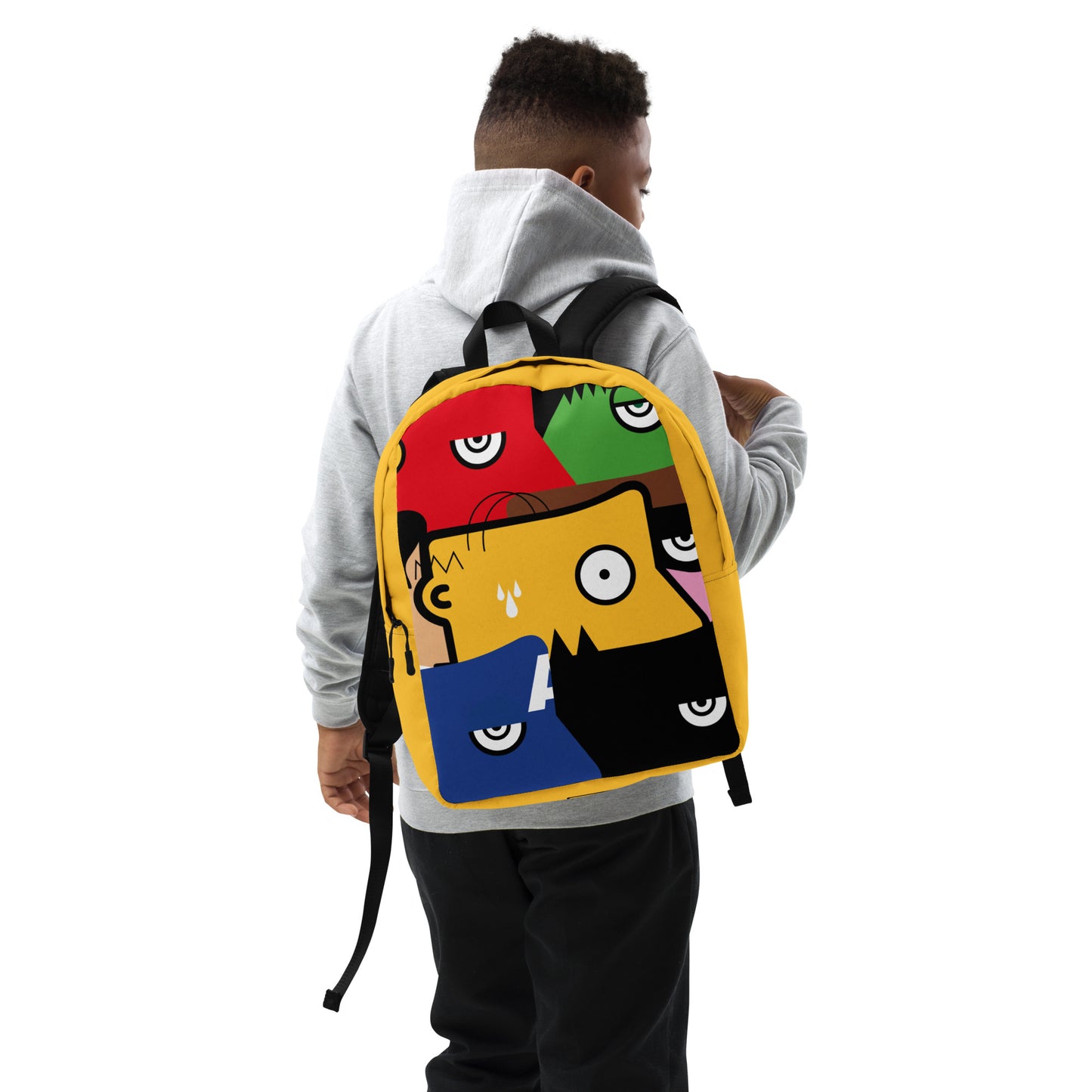 "Nous sommes tous des super-héros" (Homer Simpson, Batman & Robin, Hulk, Captain America, Flash, Superman) yellow version Rucksack Backpack