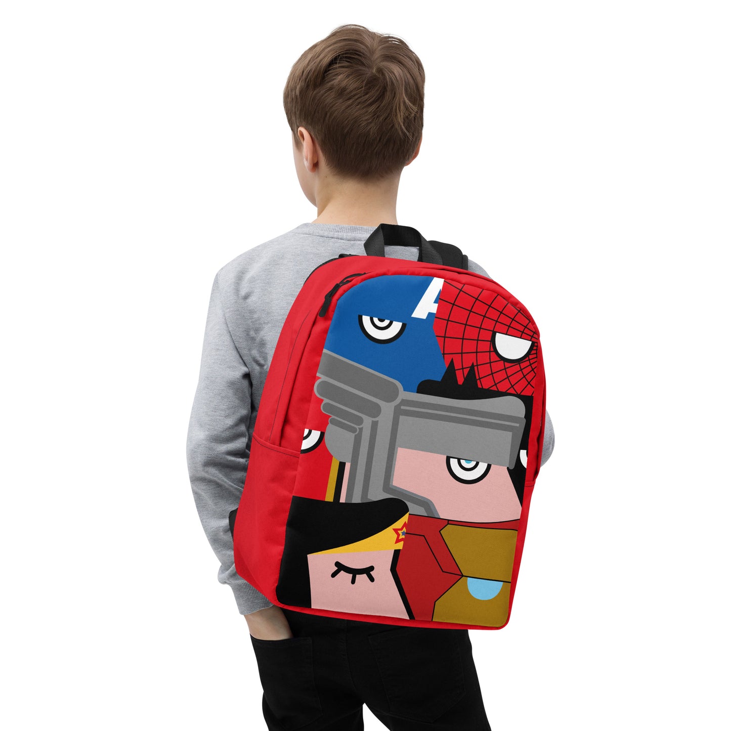 "We are all Superheroes" (Captain America, Spiderman, Flash, Thor, Batman, Wonder Woman, Iron man) Red version Backpack