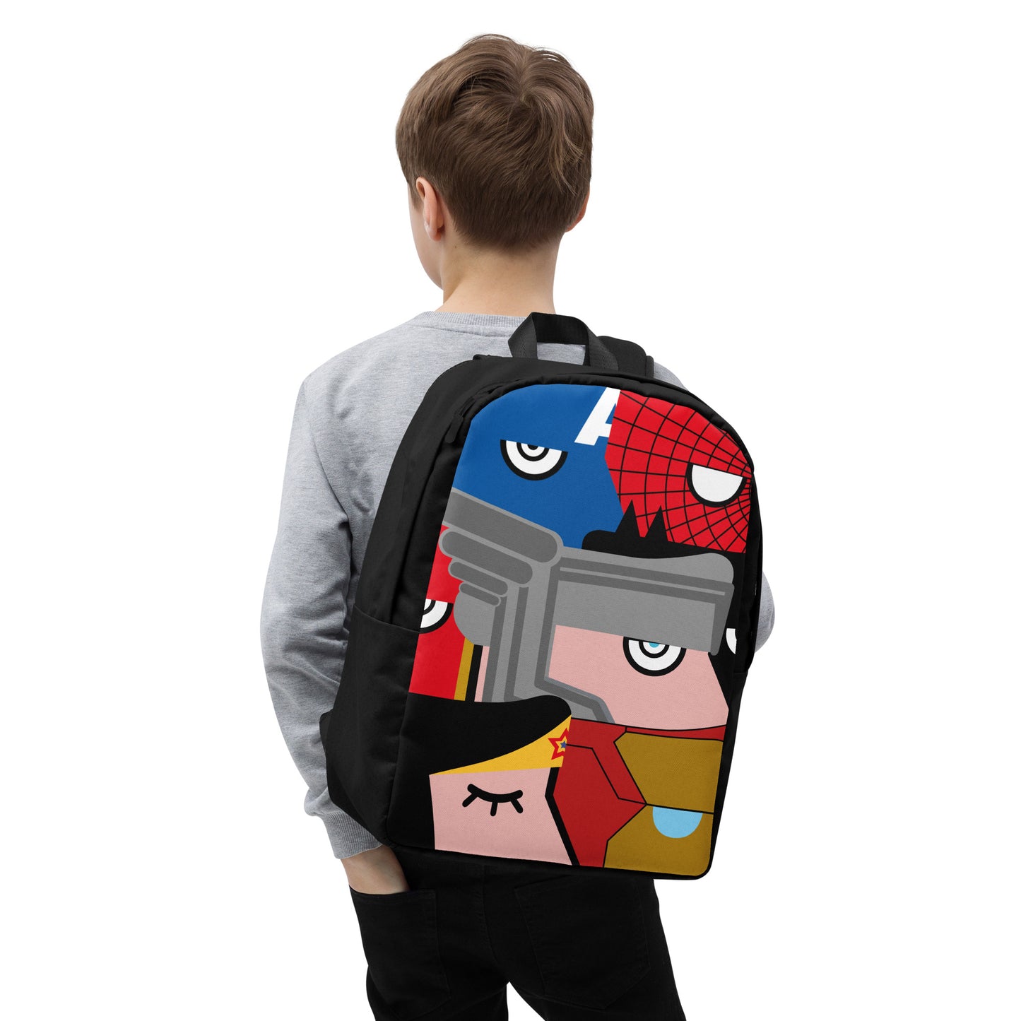 "We are all Superheroes" (Captain America, Spiderman, Flash, Thor, Batman, Wonder Woman, Iron man) black version Backpack
