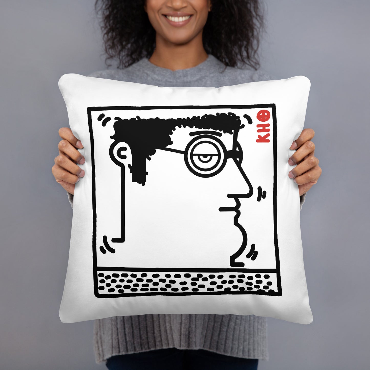 "Untitled" (K. Haring - portrait) White and Black soft pillow