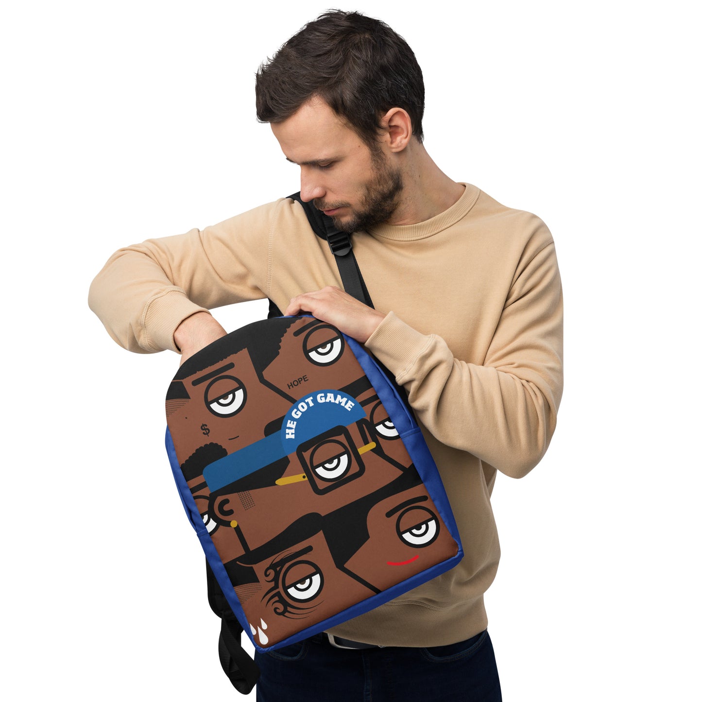 "He got game" (Spike Lee, Basquiat, Tyson, Obama, Ali, Luther King, Denzel Washington) - Bleu version Zaino Backpack