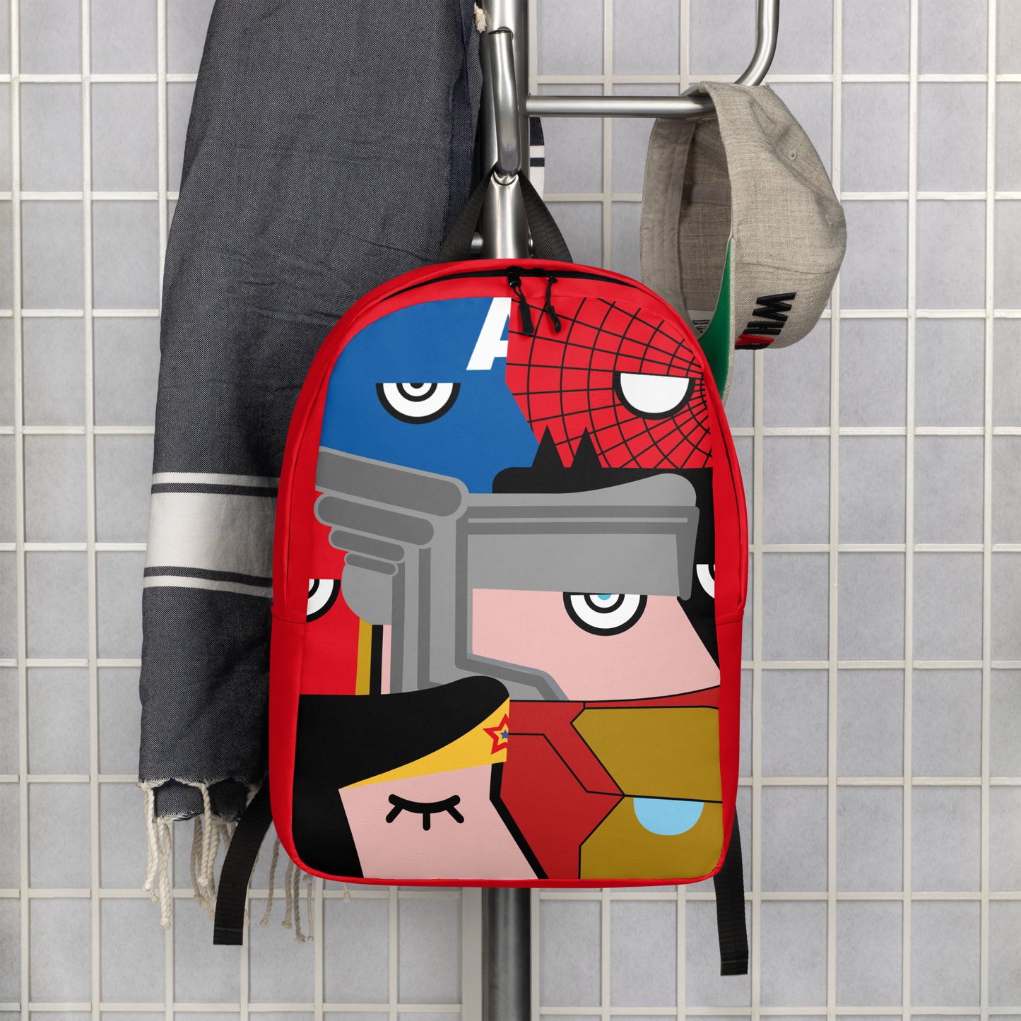 "Siamo tutti Supereroi" (Captain America, Spiderman, Flash, Thor, Batman, Wonder Woman, Iron man) Red  version Zaino Backpack