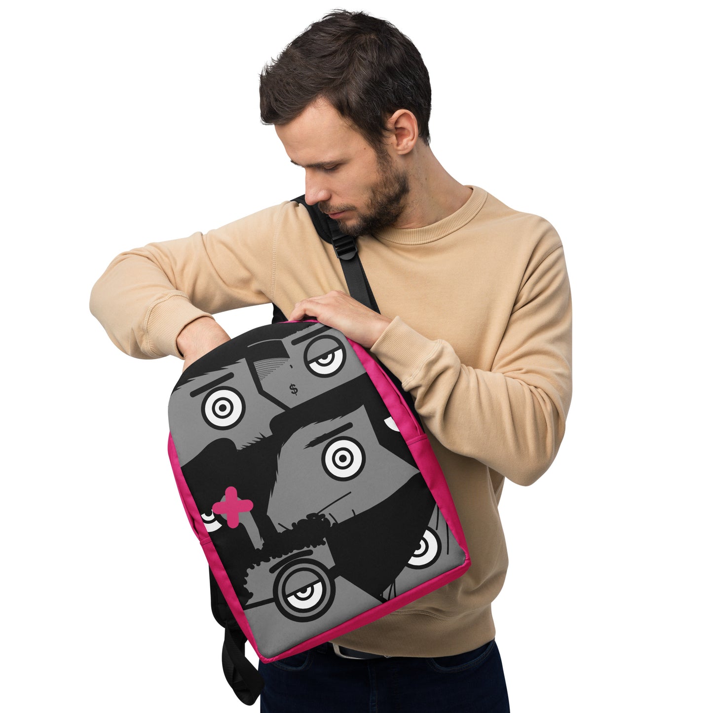 "I want to be an artist" (Hirst, Basquiat, Blek Le Rat, Van Gogh, Banksy, Warhol, Haring - portraits) Magenta version zaino backpack